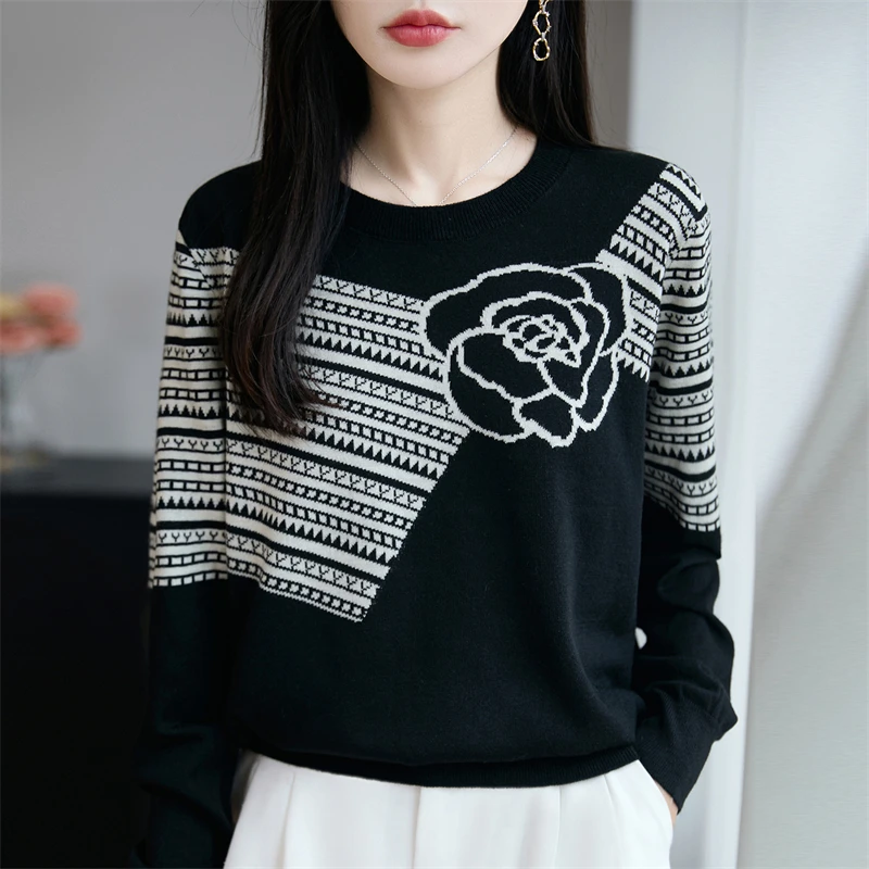 品牌女装正品秋冬新款圆领长袖法式撞色针织衫百搭针织毛衫上衣