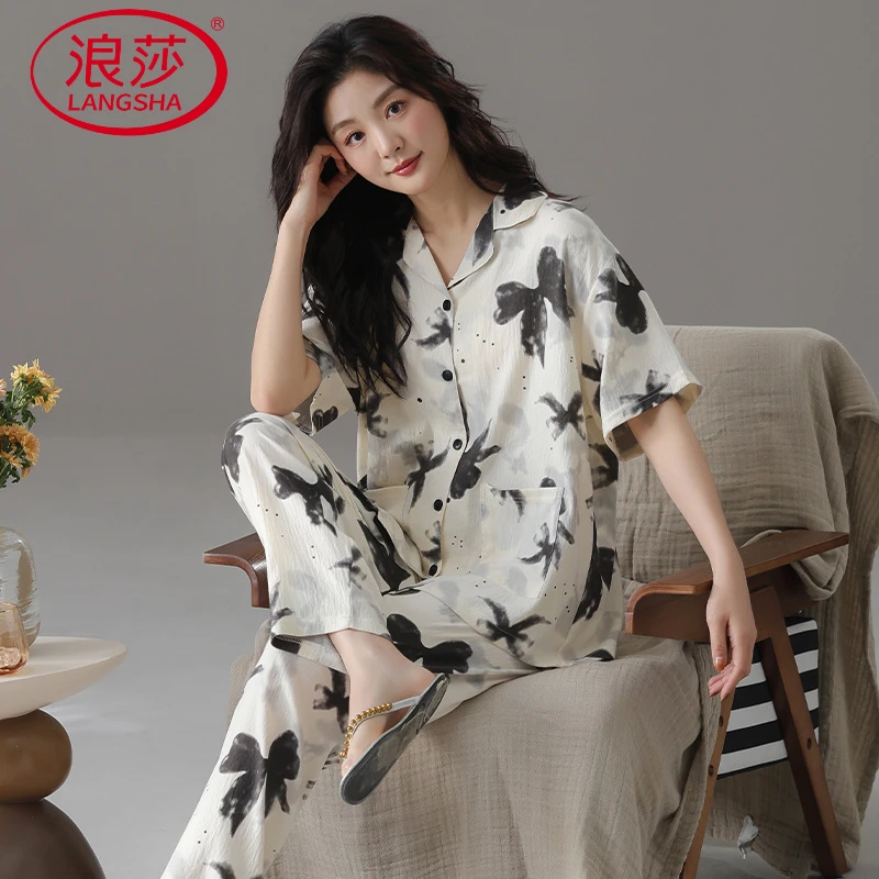 浪莎新中式水墨画睡衣女短袖长裤2025年夏季新款纯色简约风家居服