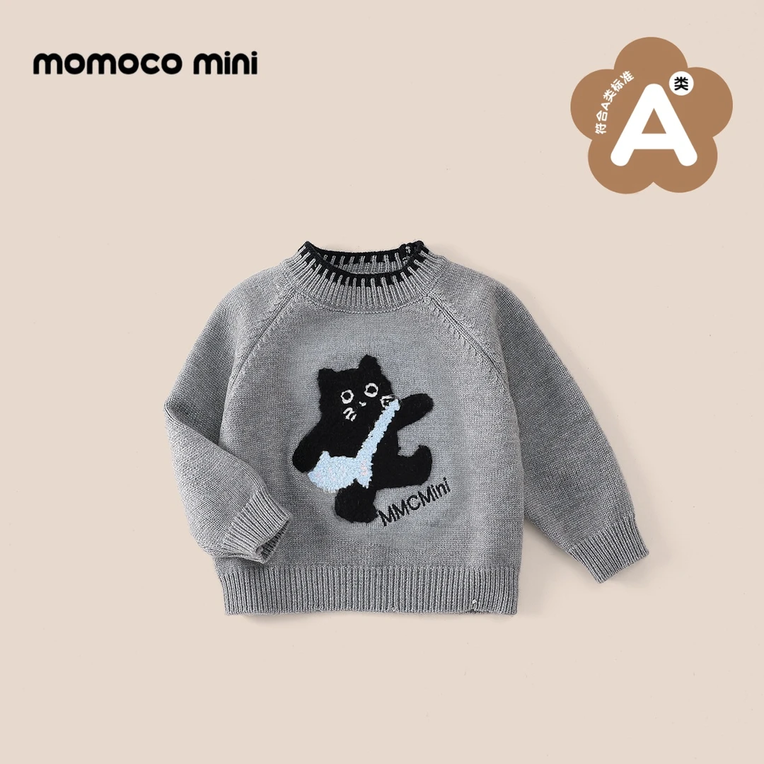 【现货】MOMOCOmini冬季婴童男宝绣花小猫圆领套头毛衣87410230010