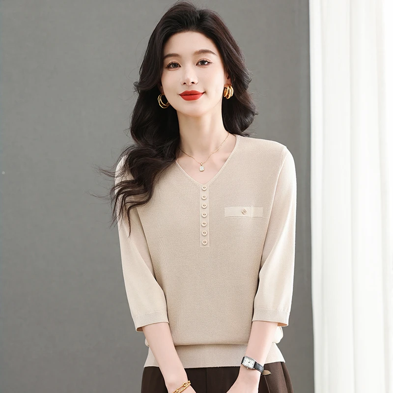 QianLian/浅恋春夏新款七分袖上衣简约百搭女式T恤减龄中年女装
