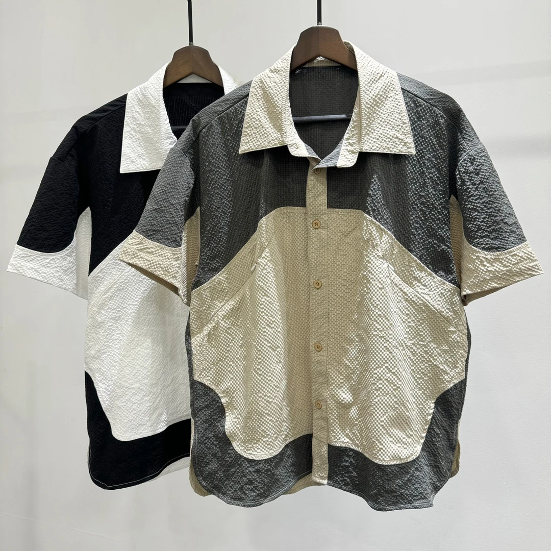 现货夏季时尚百搭拼接撞色短袖衬衣潮牌INS痞帅休闲拼色宽松衬衫