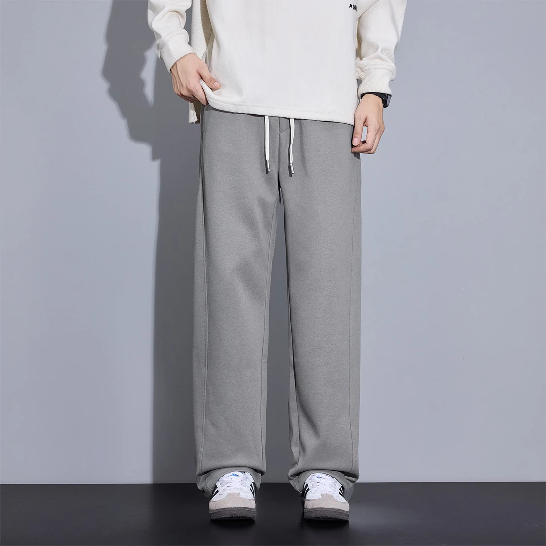 Kuvine2025冬季加绒加厚保暖简约纯色潮流百搭宽松直筒男士休闲裤