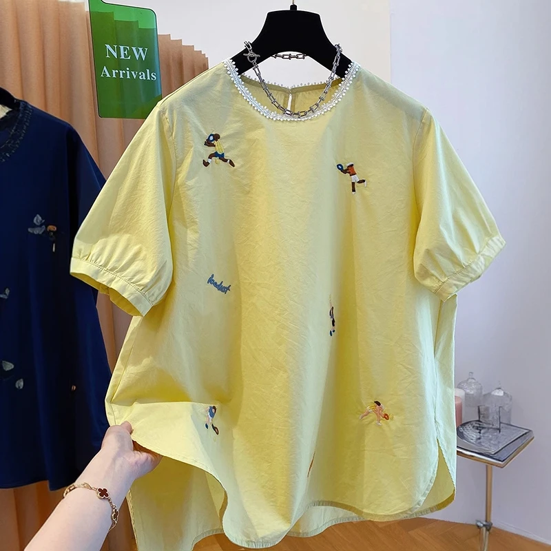 1275夏新款重工高级设计感超好看圆领套头衬衫女短袖宽松刺绣上衣