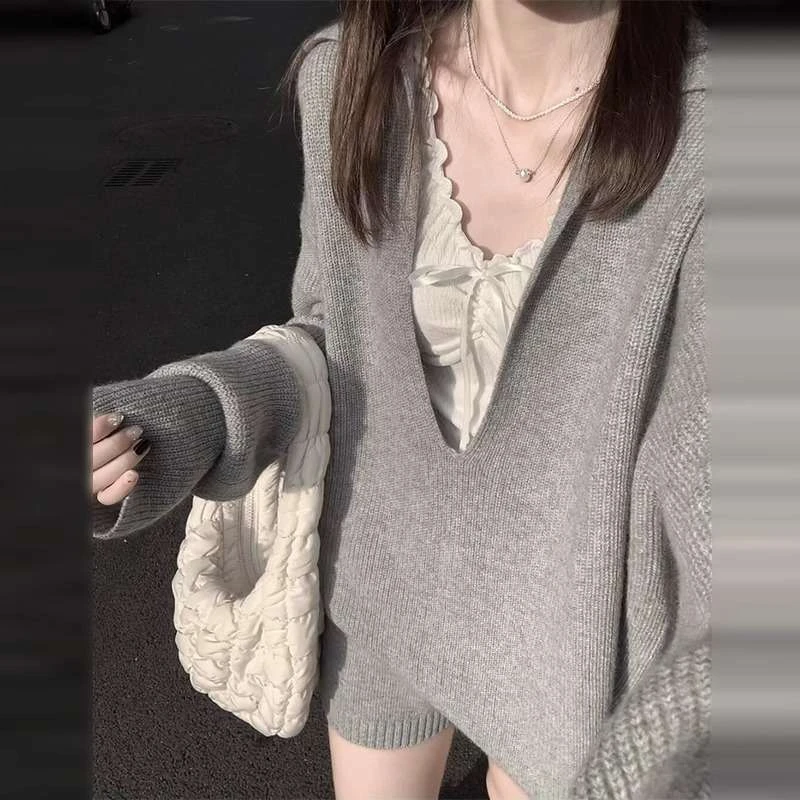 毛衣两件套女2025秋季韩系减龄温柔风宽松长袖针织衫上衣高腰短裤