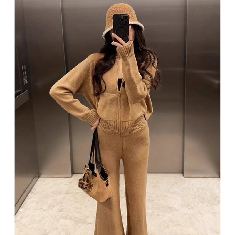 巨好看的慵懒风套装女2025秋冬修身针织开衫高腰垂感阔腿裤两件套