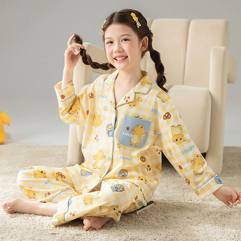 秋季纯棉儿童睡衣中大童长袖休闲开衫家居服女童宽松套装亲子装秋