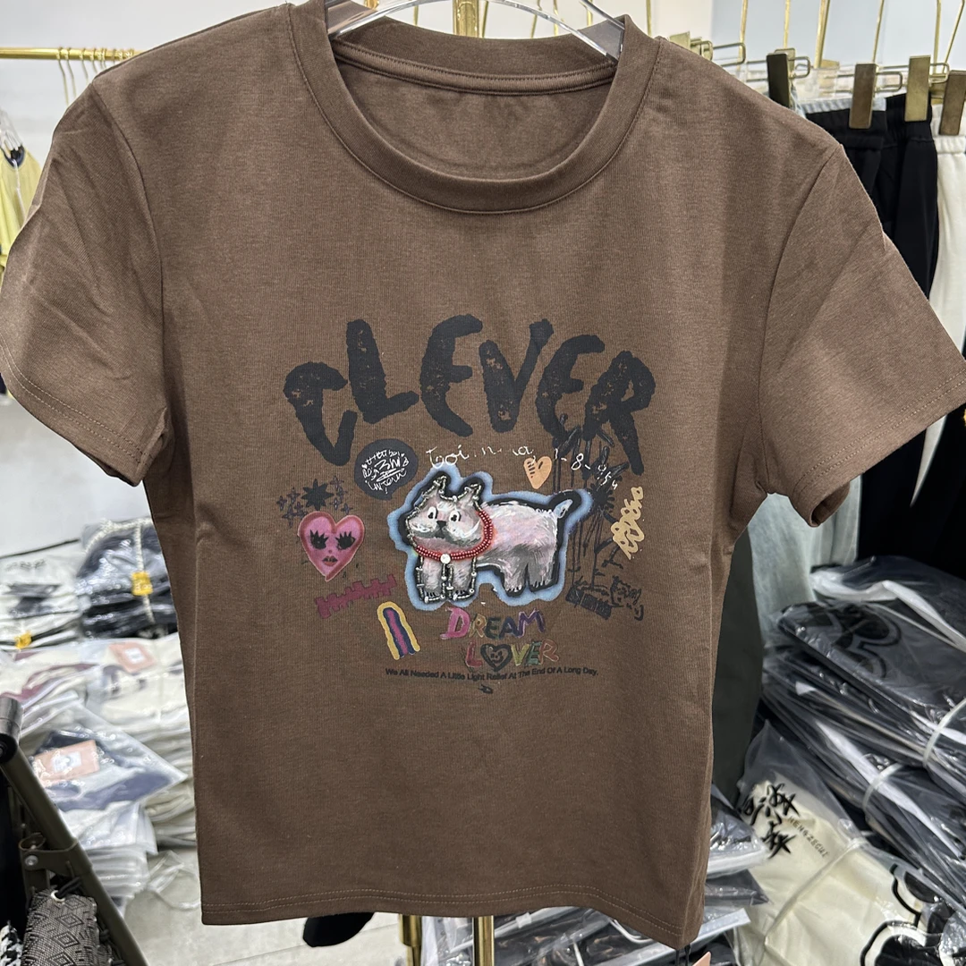 5023新款舒适猫咪印花图案短袖T恤（衣长53）