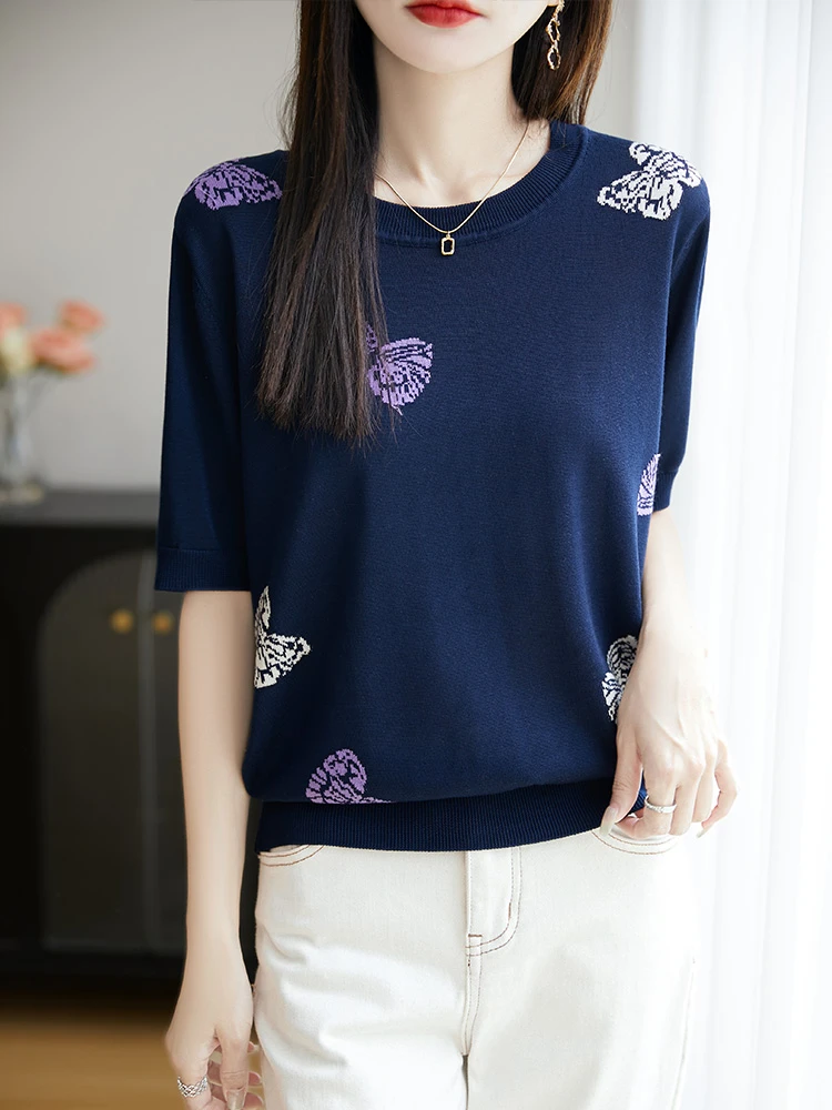 100莱赛尔天丝蝴蝶圆领宽松显瘦遮肉冰凉针织短袖NY262