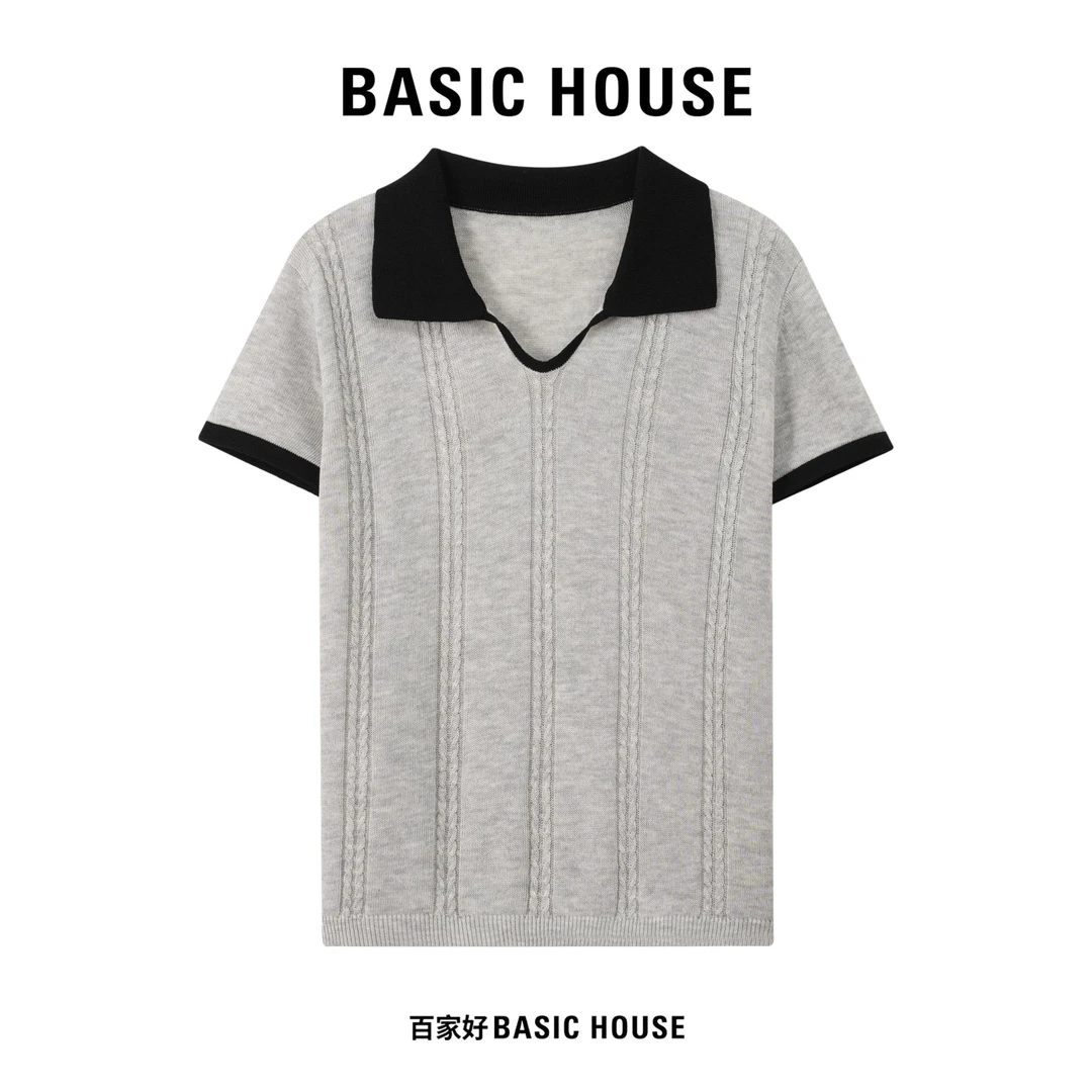 Basic House/百家好2025年新款翻领撞色时尚短袖针织衫C762 MM