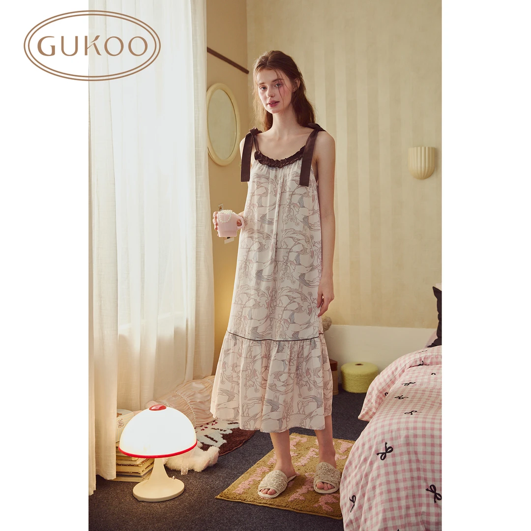 【Gukoo果壳】夏季吊带睡衣女新中式国风水墨女士家居服睡裙连衣裙