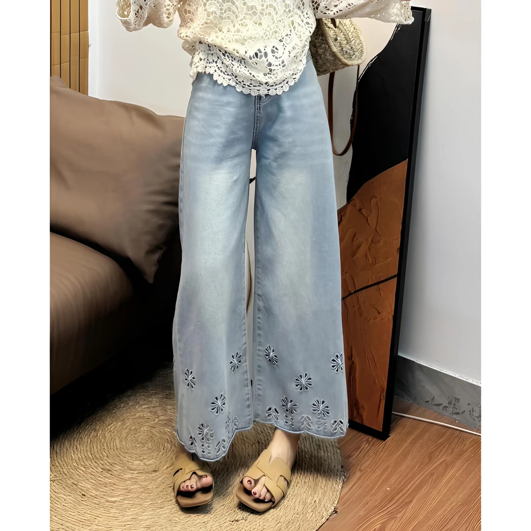 【重工牛仔】刺绣镂空九分牛仔裤NO退NO换