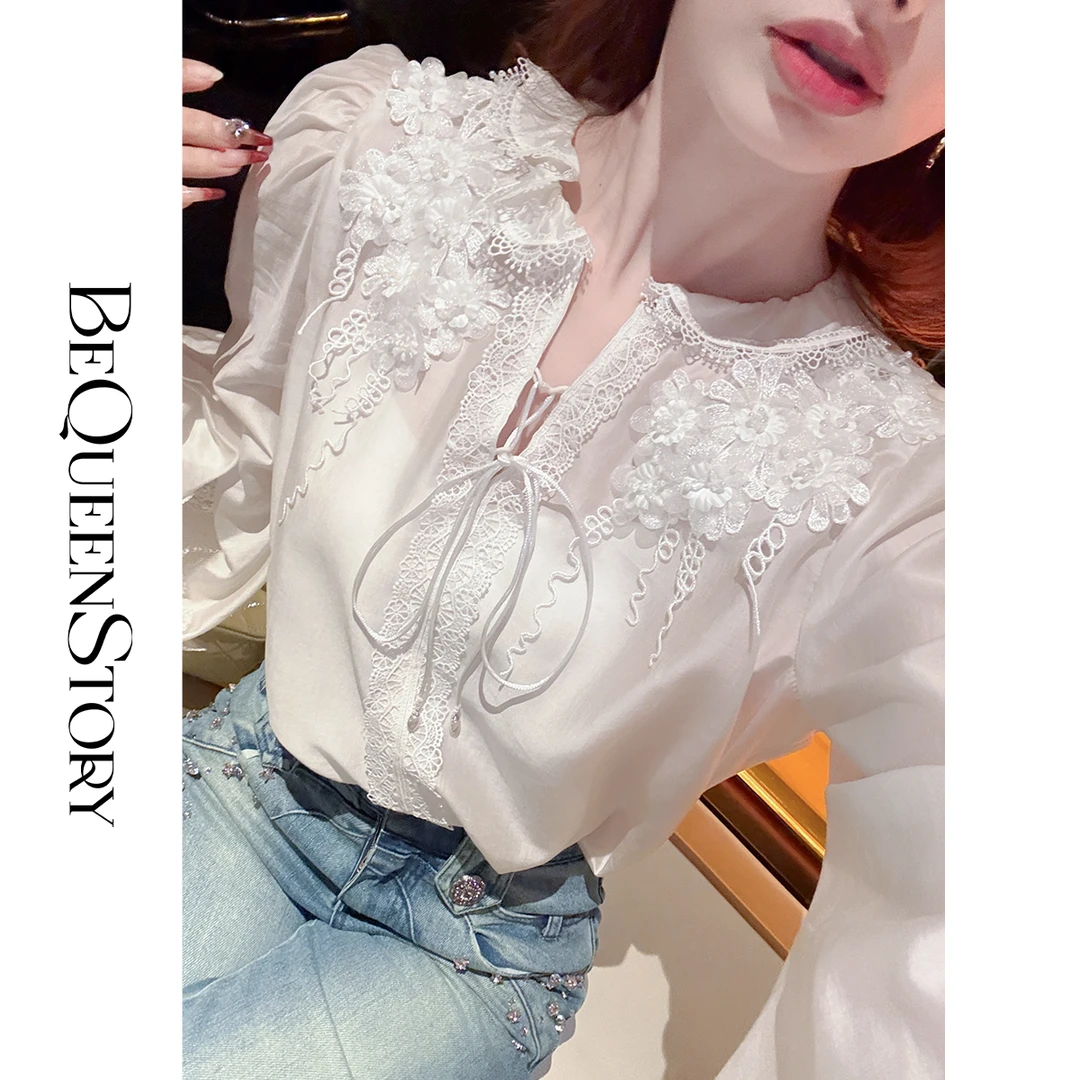 BeQueenStory【梦幻清荷】2025新款新品重工宽松显瘦镂空灯笼袖衬衫