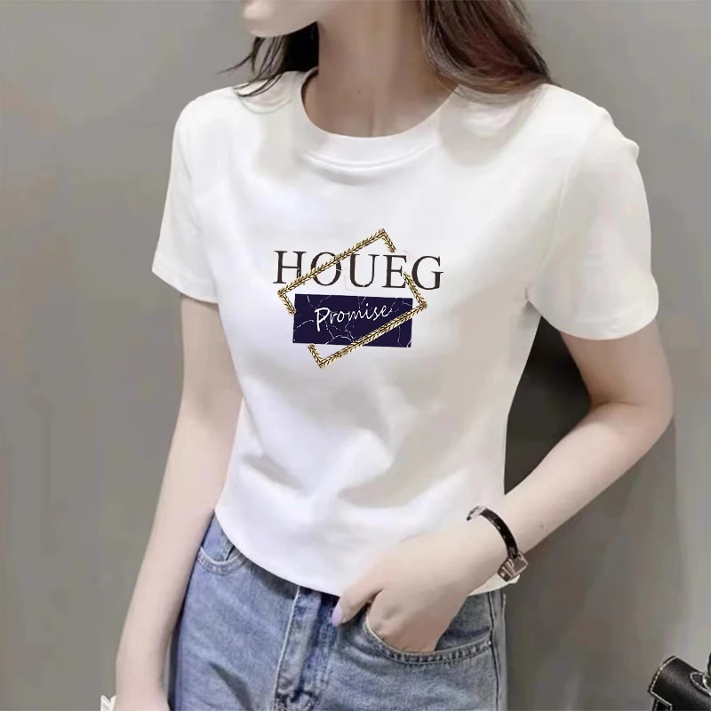 正肩圆领短袖t恤女士夏季新款韩版修身半袖时尚洋气印花体恤上衣