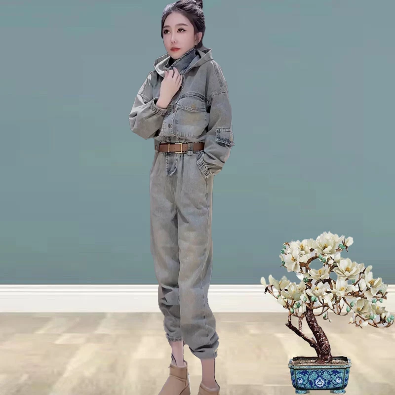 555561洋气时尚简约拼接简约连体牛仔2025早春新款休闲连体衣