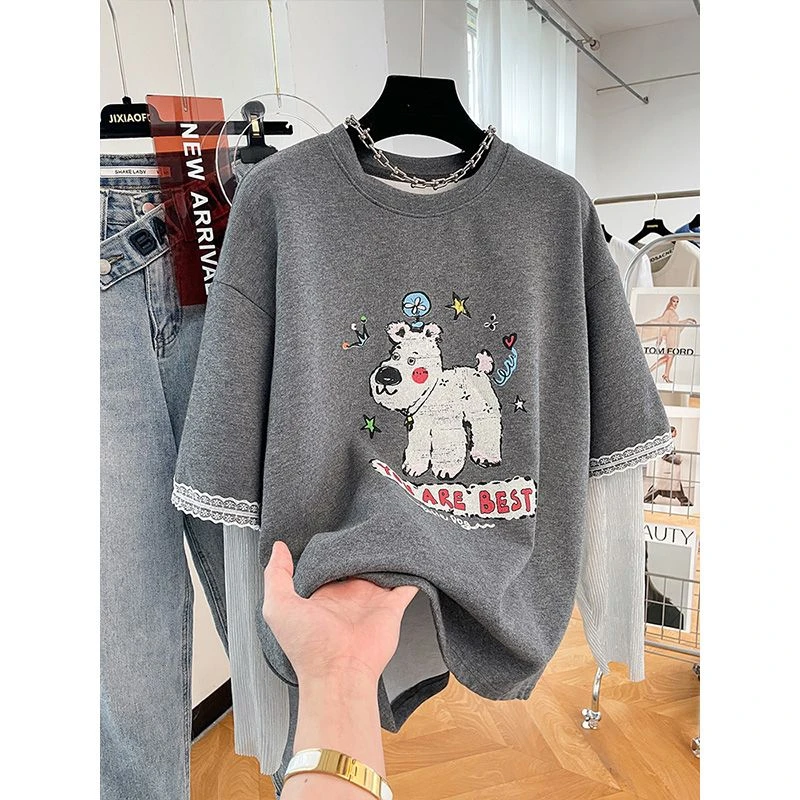 韩系高级感网纱长袖拼接假两件T恤女2025新款设计感宽松减龄上衣