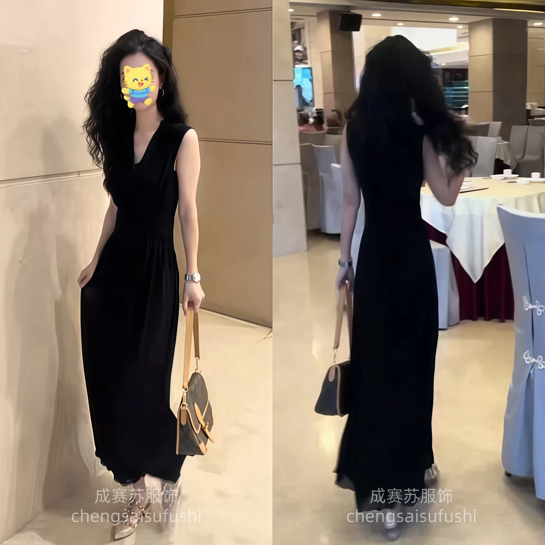 纯色法式长款连衣裙气质时尚收腰V领显瘦LL71502