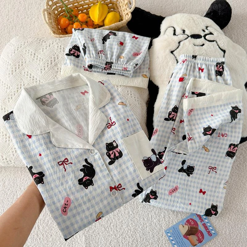 可爱黑猫印花睡衣女亲肤透气三件套家居服夏天短袖云朵棉实拍