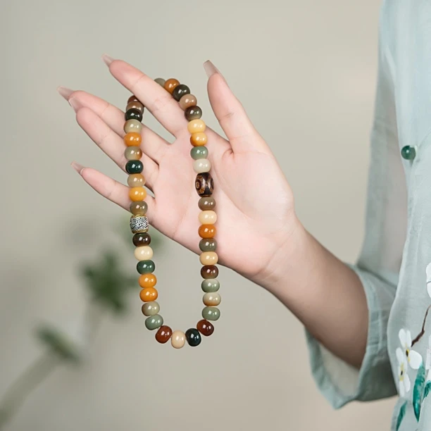 【定风波】天然菩提敦煌色系玉化老料搭配天然玛瑙三眼手持双圈