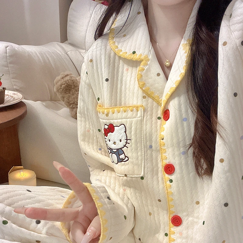 可爱彩色糖豆Kitty睡衣女生秋冬季长袖甜妹空气棉加厚家居服套装