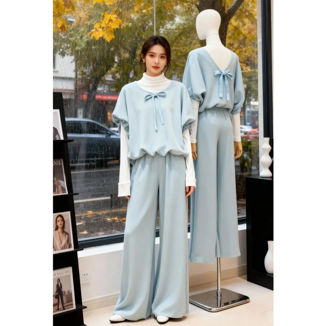 秋日ootd穿搭一整套假两件上衣女直筒休闲裤巨好看漂亮独特两件套