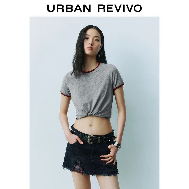 UR2025春季新款女装欧若风时尚休闲撞色线条圆领短袖T恤UWB450013