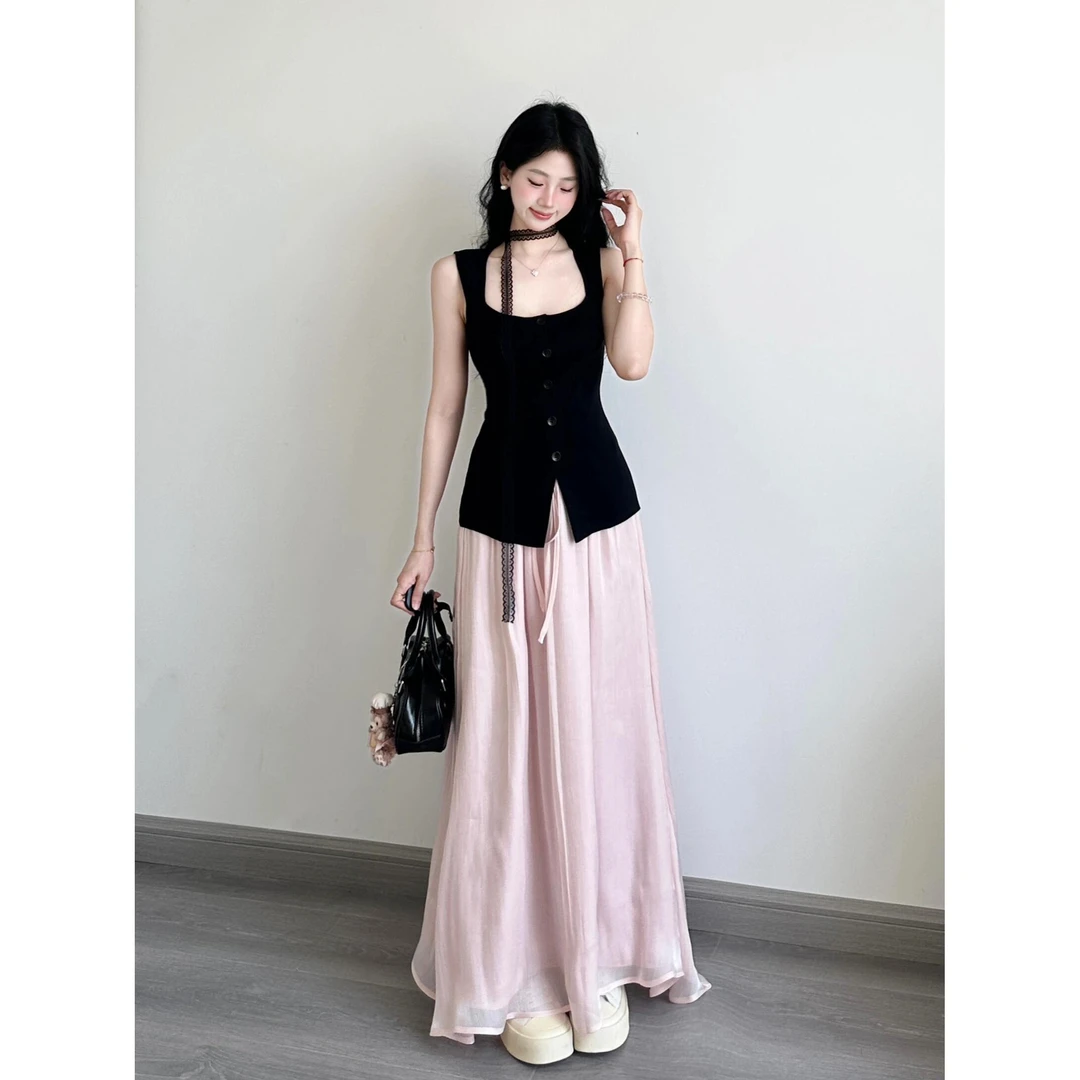 夏季新款高级感一排扣无袖背心百搭修身显瘦上衣+粉色半身裙套装