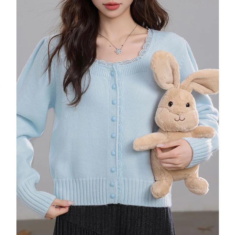 韩版长袖针织开衫女2025春季新款高级设计感花边方领百搭上衣