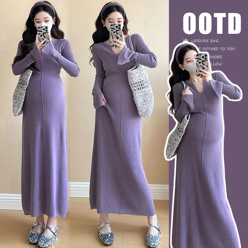 时尚孕妇装2025秋新品时尚辣妈修身气质弹力喇叭袖长款针织连衣裙