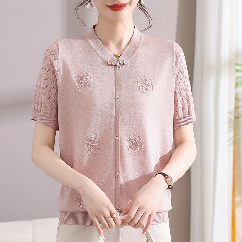 2025中老年品牌高端妈妈洋气薄款小衫夏季短袖高档T恤女宽松上衣