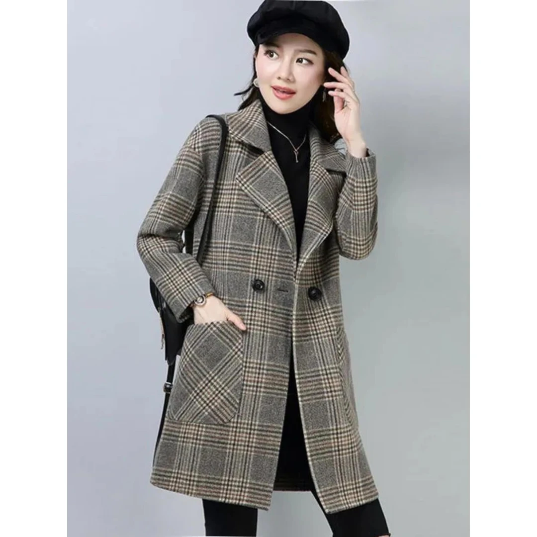 双面羊大衣女中长款2024年新款高端羊毛呢秋冬西装千鸟格子外套