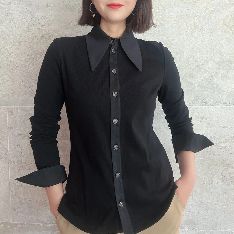 商场同款新款春季修身气质时尚百搭职业POLO领弹力衬衫上衣女装