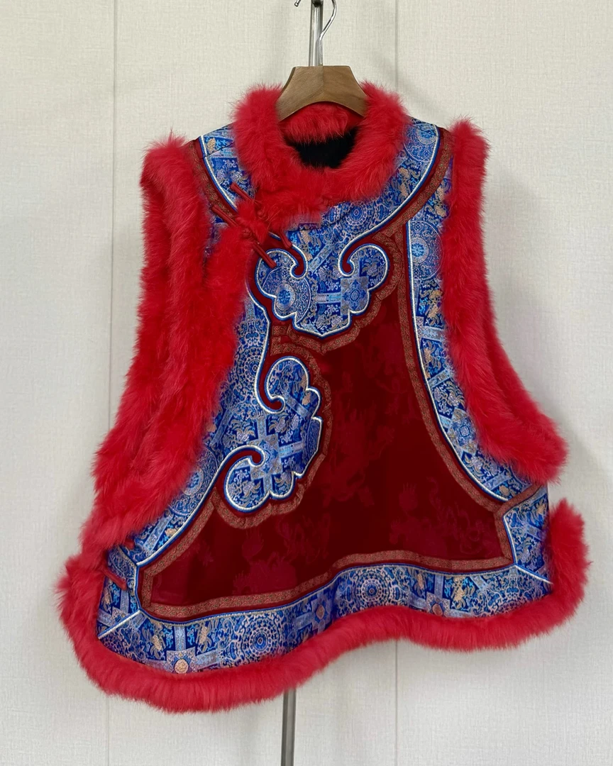 5882冬季新款醋酸提花兔毛边如意牙头斜襟百搭棉坎肩