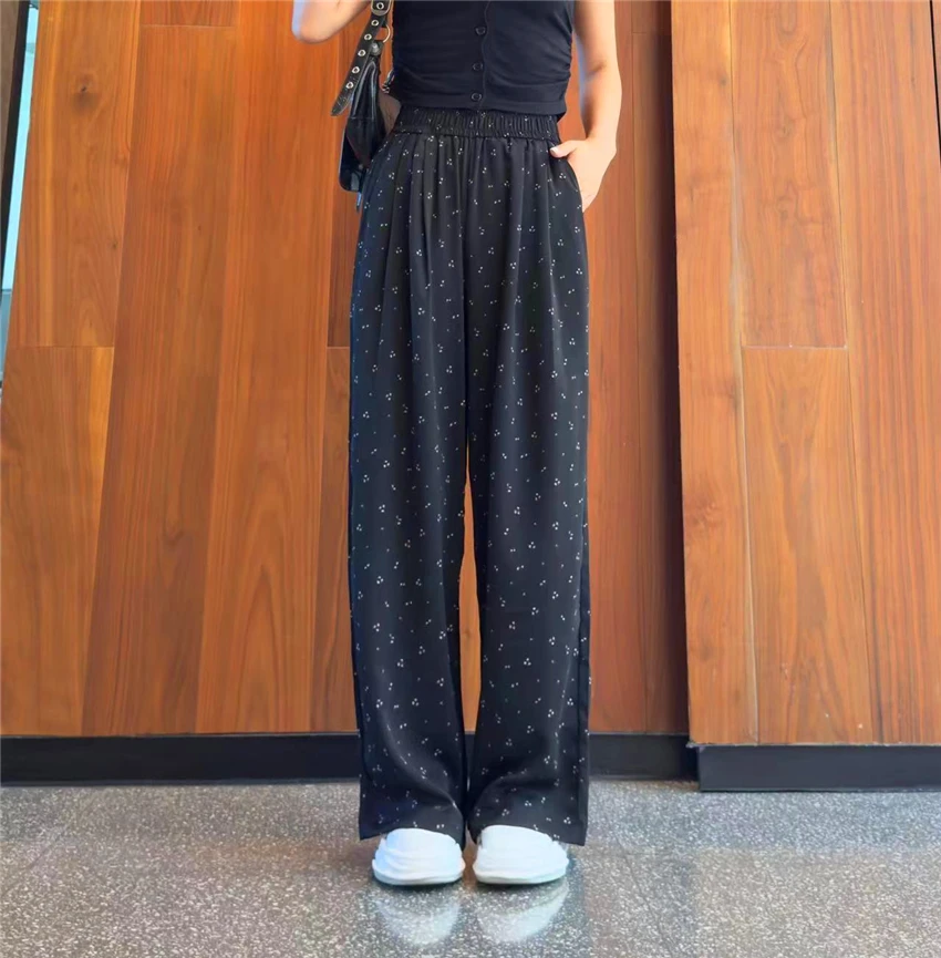 黑色小碎花减龄高腰阔腿裤女宽松2025夏季新款薄款休闲防晒裤孑