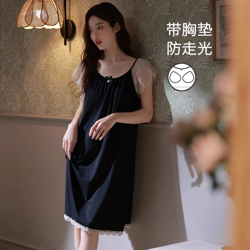 带胸垫睡裙女款夏天甜美蕾丝爆款睡衣大码纯欲风家居服可外穿