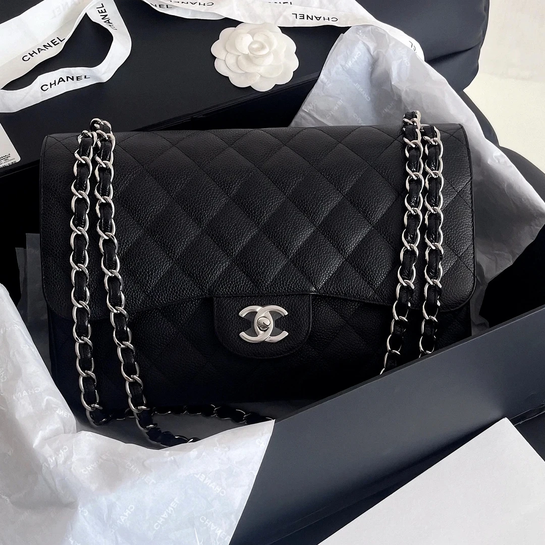 99新 Chanel/香奈儿 8604|香奈儿cfjumbo黑银荔枝皮单肩包|香奈儿