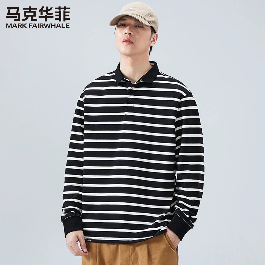 马克华菲翻领条纹长袖POLO衫简约宽松舒适时尚上衣潮流夏季男装