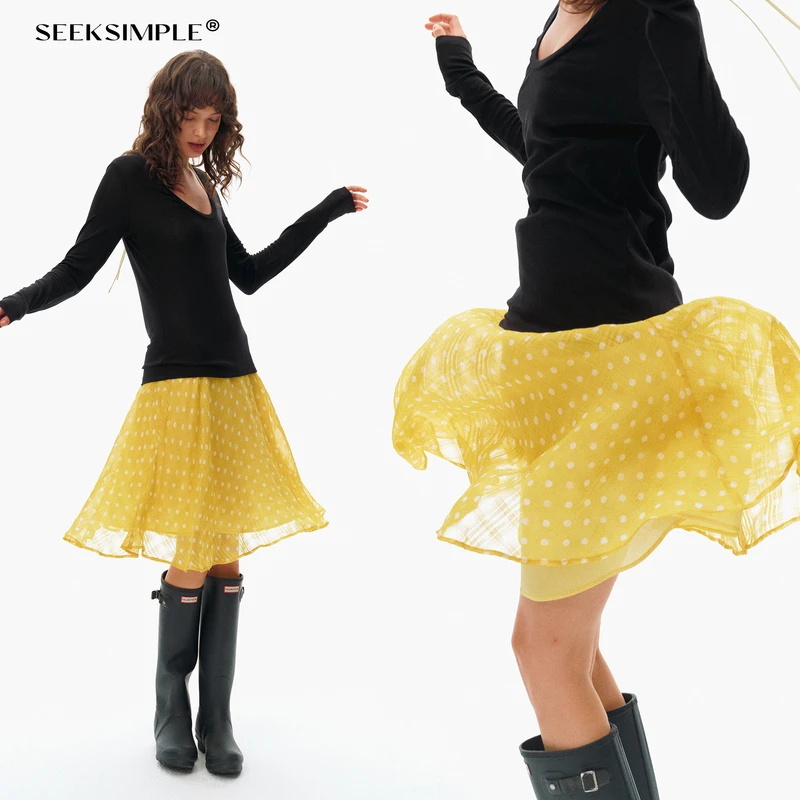 【SEEKSIMPLE】波点印花飘逸感伞摆半裙D0325
