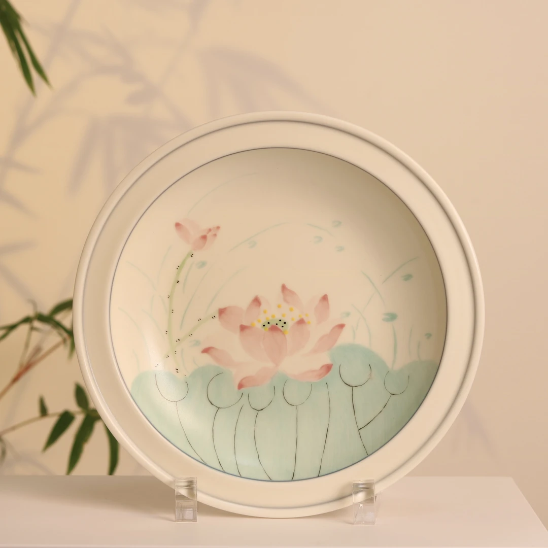 茗器山房 景德镇手绘枢府釉荷花壶承茶盘干泡台 直径19