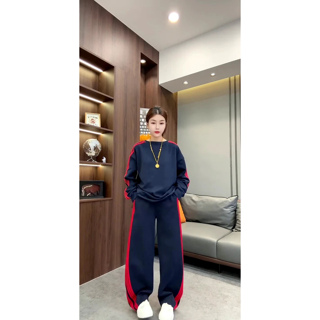 欧货新款休闲宽松复古撞色三条杠圆领长袖卫衣