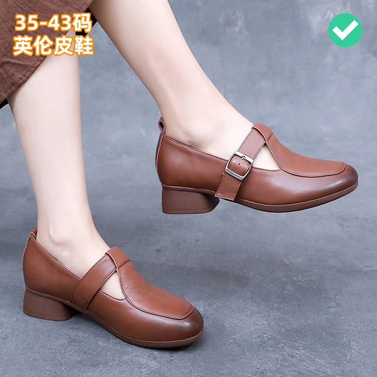2025夏季真皮中口乐福鞋粗跟3.5cm英伦风小皮鞋大码女鞋41-42-43