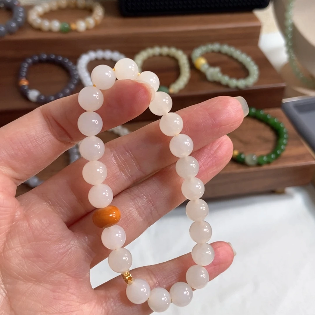 和田玉手链银S925镶嵌蜂蜜水8mm福利