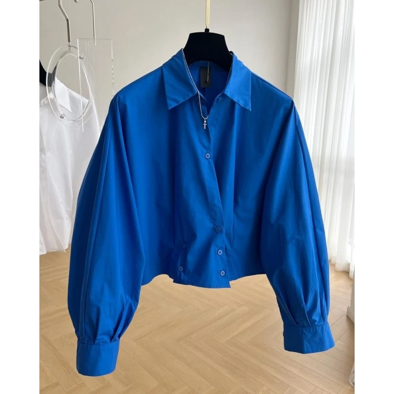 9030设计感小众独特别致斜门襟长袖短款衬衫女春季小衫法式上衣