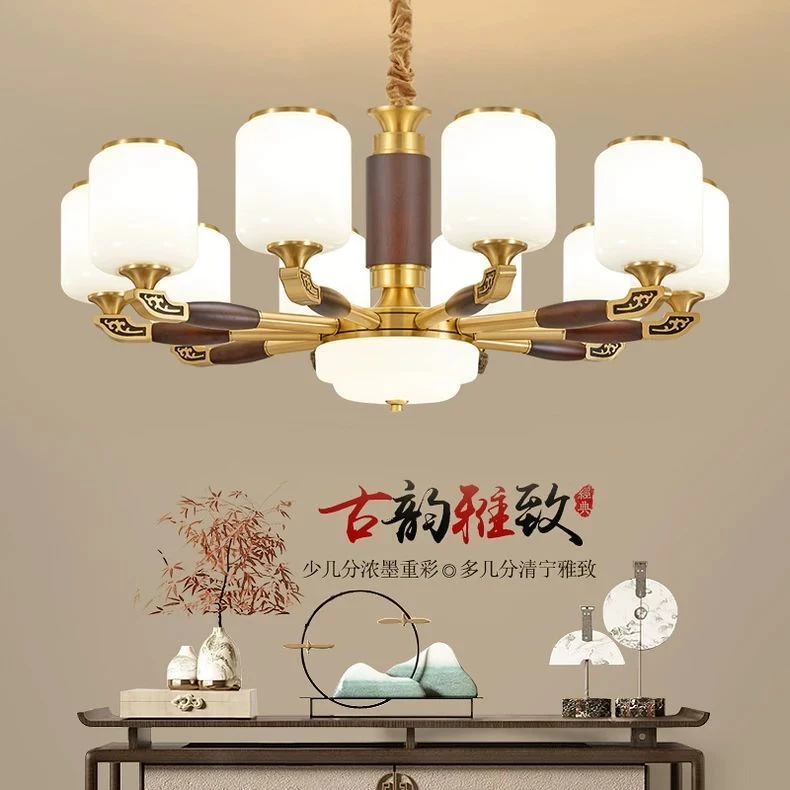 新中式吊灯客厅灯高端全铜实木别墅大厅主灯中国风餐厅中山灯具