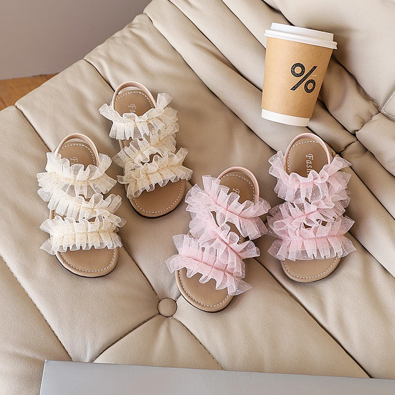 SHEIN网纱女童公主鞋2025夏季新款儿童软底凉鞋平底沙滩鞋