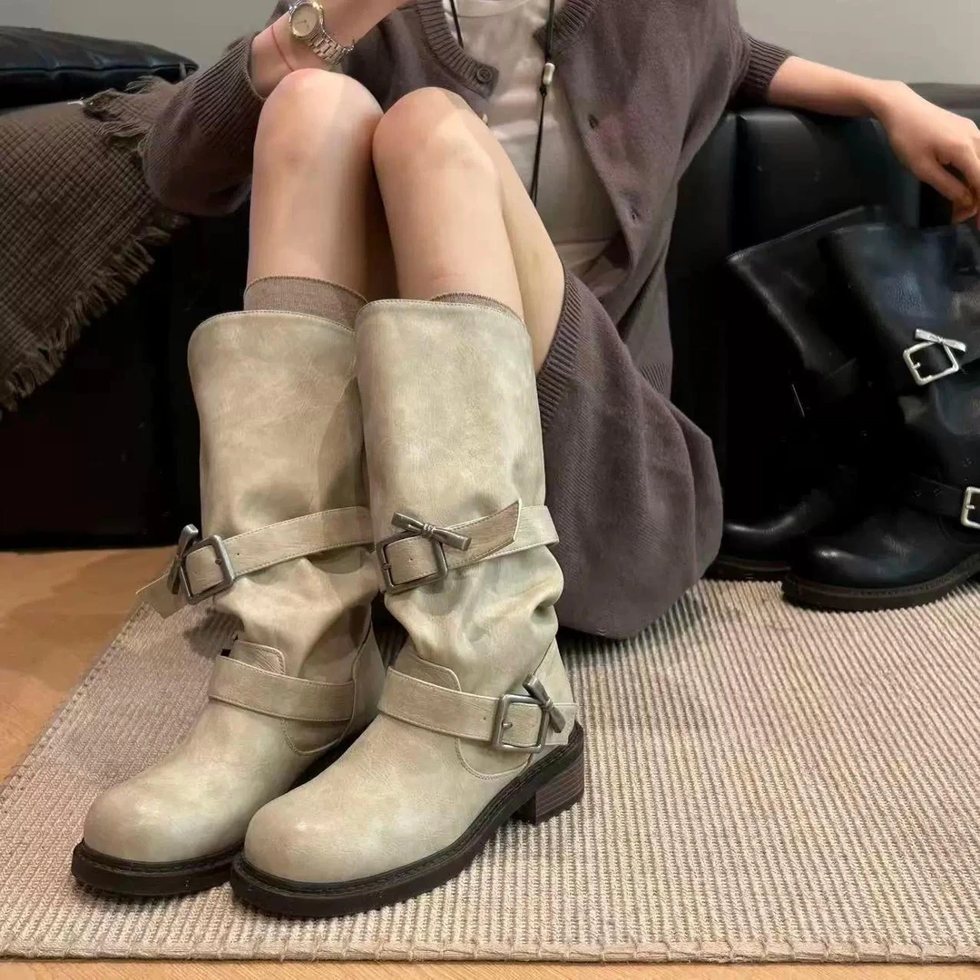 穿高跟鞋的吴大叔牛皮版~张元英同款皱褶堆堆靴女韩版做旧擦色中