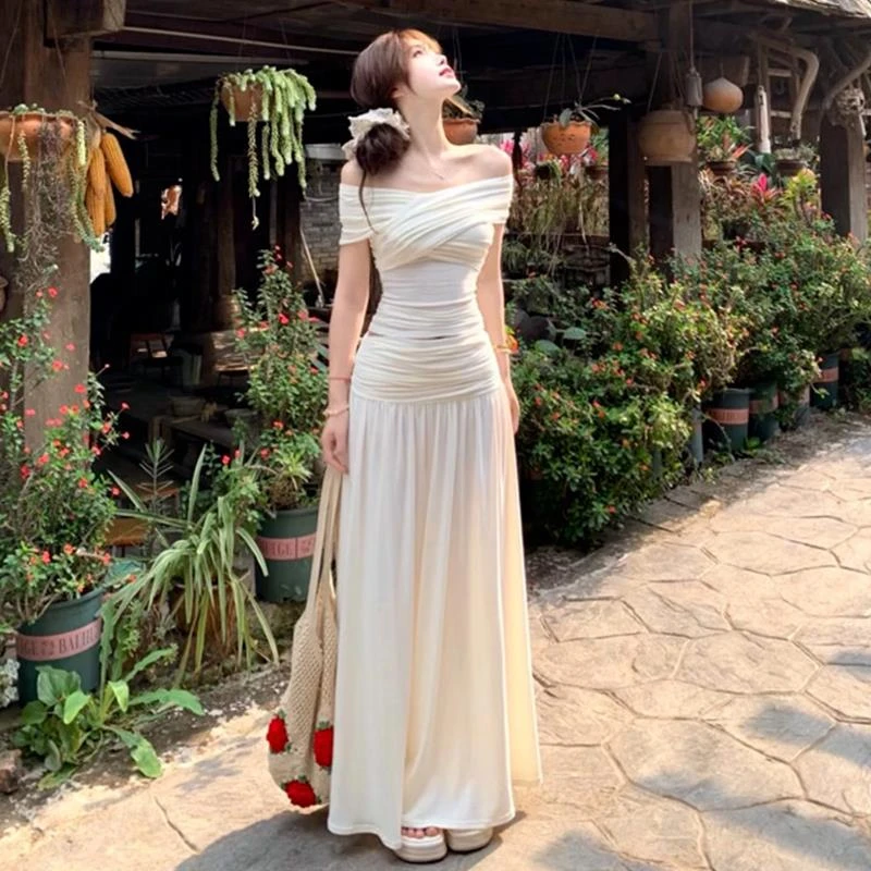 法式修身一字肩针织上衣半身裙套装女设计感气质长裙子两件套夏季