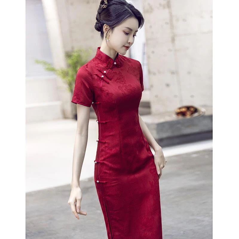 妈妈穿的旗袍女夏高端结婚喜婆婆婚宴礼服红色修身婚礼喜服裙子