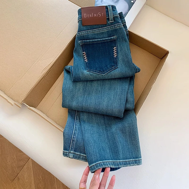 深蓝色高腰九分窄版直筒牛仔裤女2025新款大码遮胯显瘦锥形烟管裤