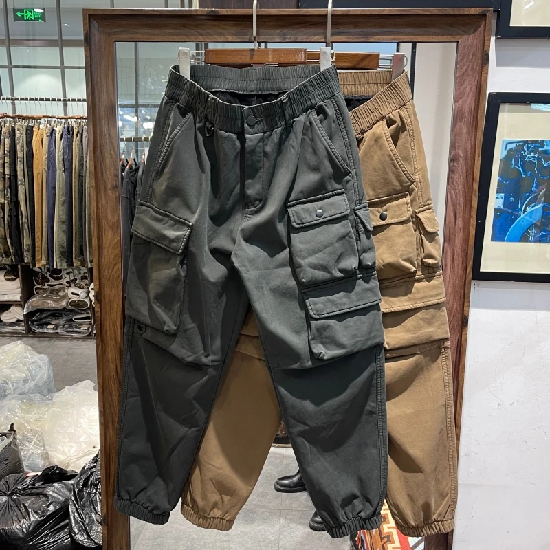 重磅加绒加厚休闲裤男美式复古厚实宽松多口袋工装裤潮男束脚裤