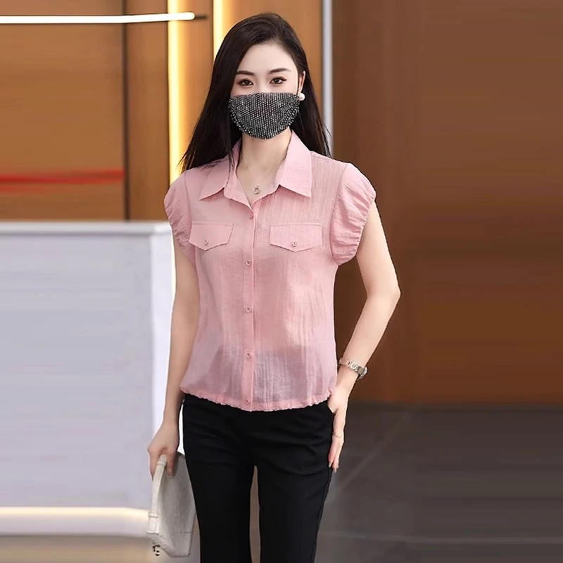 时尚短袖衬衫女士夏季新款韩版宽松显瘦百搭休闲小衫气质冰丝上衣